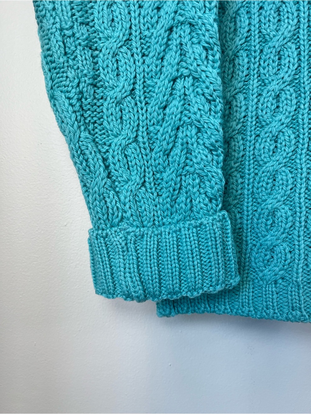 NWOT Aran Crafts Womans L Turquoise Merino Wool Cable Knit 1/4-Zip Sweater- FLAW - Picture 8 of 15